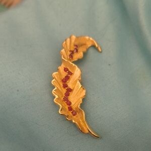 Gold Leaf Brooch with Red Gem Accents - Women Jewelry